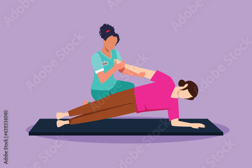 Cartoon flat style drawing beautiful woman patient lying on the floor masseur therapist doing healing treatment massaging patient body manual sport physical therapy. Graphic design vector illustration