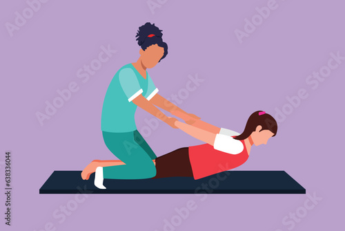 Cartoon flat style drawing of professional therapist practicing massage therapy. Woman patient enjoying wellness spa body treatment. Rehabilitation, physiotherapy. Graphic design vector illustration