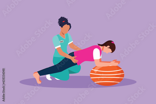 Cartoon flat style drawing physiotherapist doctor rehabilitates beautiful woman patient. Female doing exercises on rubber ball. Physiotherapy rehab, injury recovery. Graphic design vector illustration