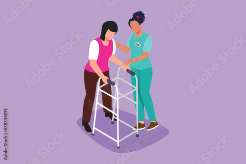 Character flat drawing of woman walking in medical rehabilitation, physical therapy. Female in recovery doing exercises. Girl therapist helping in rehab healthcare. Cartoon design vector illustration