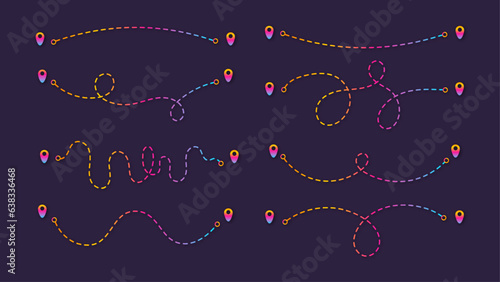 8 Gradient Plane or Car Route Paths with Location Marks.