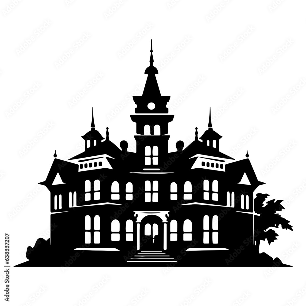 black silhouettle of haunted house, Halloween, ghost, Ai generartd