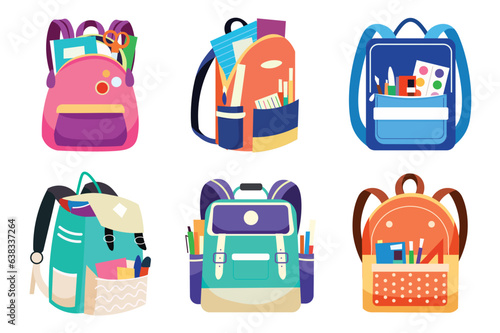 School backpack set in flat cartoon style. In this minimalist illustration, a stylish set of school backpacks is beautifully depicted using flat design. Vector illustration.