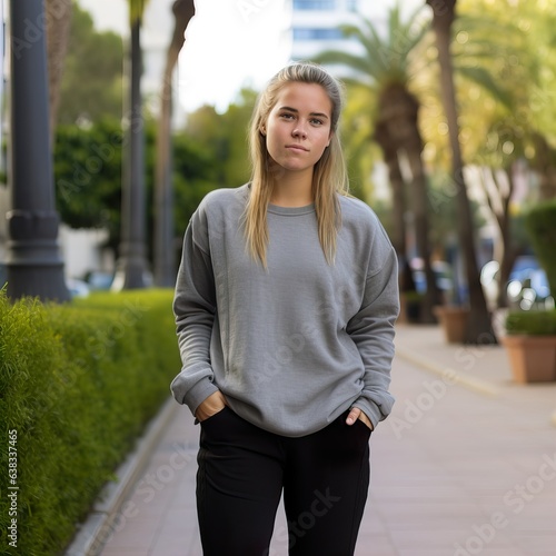 Beautiful young lady dressed in gray sweater, commercial sweatshirt mock-up, smiling blonde woman standing in the street