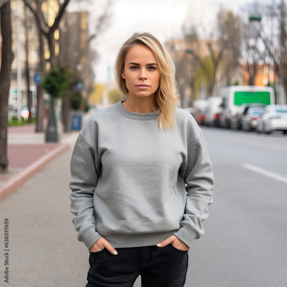 Beautiful young lady dressed in gray sweater, commercial sweatshirt mock-up, smiling blonde woman standing in the street Beautiful young lady dressed in gray sweater, commercial sweatshirt mock-up, smiling blonde woman standing in the street