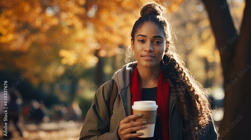 Young black woman on college campus in autumn, holding a togo coffee Young black woman on college campus in autumn, holding a togo coffee