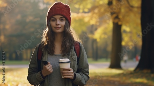 Young woman on college campus in autumn, holding a coffee cup