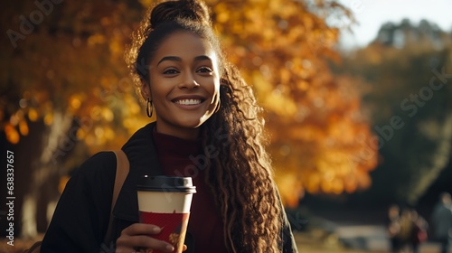 Young black woman on college campus in autumn, holding a coffee
