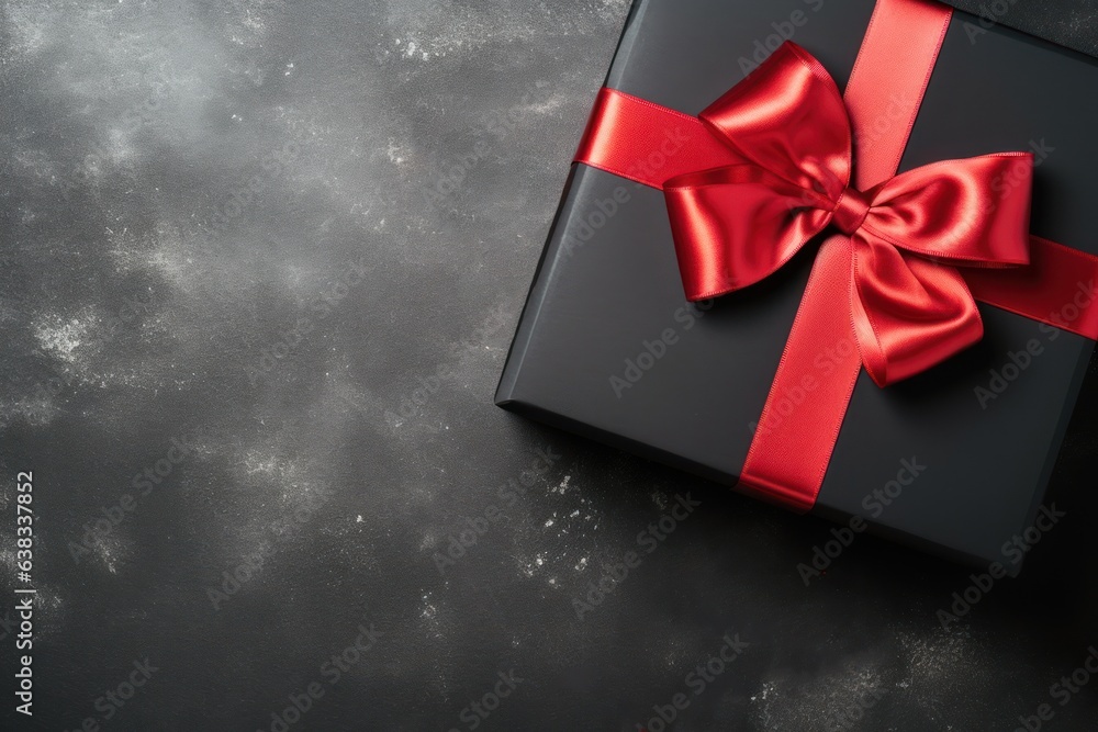 Gift box with red ribbon top view, copy space. Black Friday Sale Gift box with red ribbon top view, copy space. Black Friday Sale