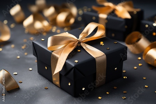 Gift box with golden ribbon. Black Friday Sale and Christmas present