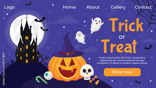 Vector happy Halloween landing page template. Holidays sale banner background. Cartoon pumpkins, bats, scary, castle, ghost, full moon on dark night background. Backdrop, flyer, poster for event