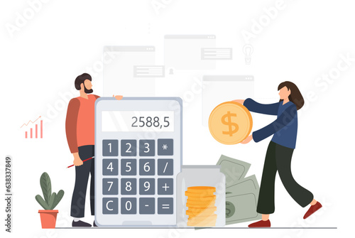 Persons with big calculator, earning money in internet, online money transfer, payments, money savings, calculating of finances, taxes, audit, financial education, flat vector illustration