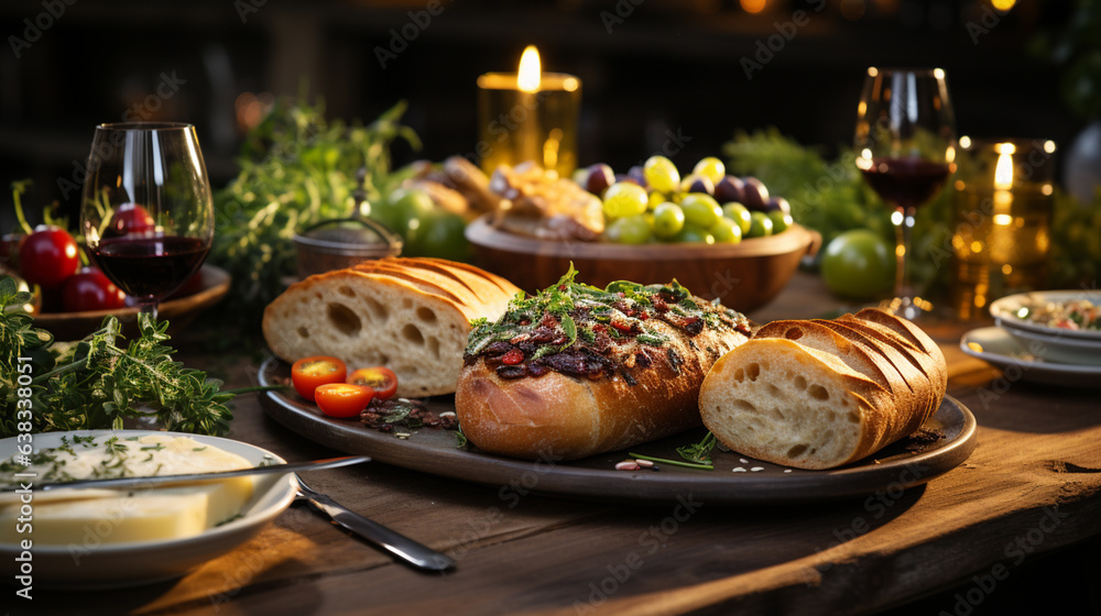 Festive appetizers with a spread of comfort food, well decorative in warm and inviting mood and tone with warm lighting, collection of delicious food background