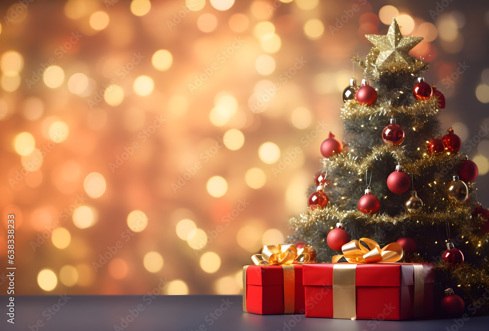 red giftbox and christmas tree on bokeh background for merry christmas red giftbox and christmas tree on bokeh background for merry christmas