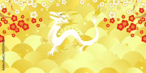 辰と松 ゴールド背景 バナー コピースペース ( 1:2 横 文字なし )