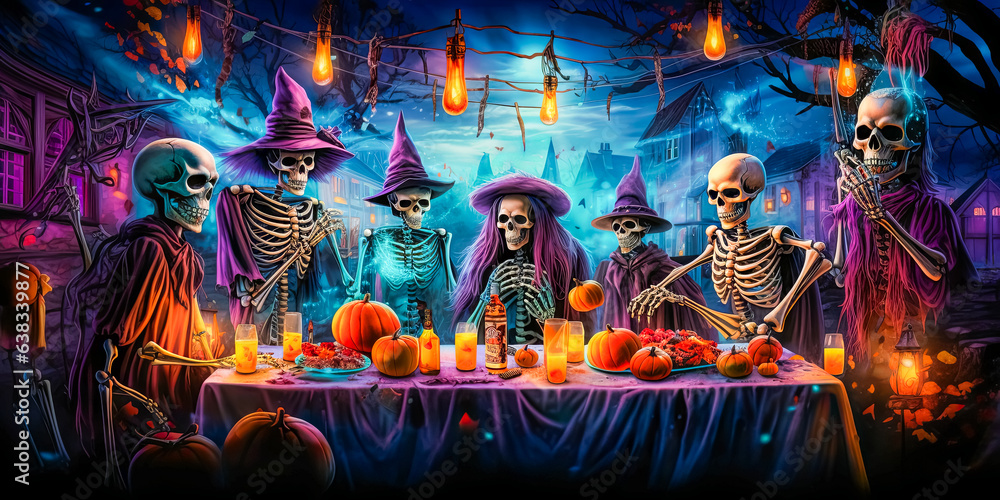 skeletons in stylish festive outfit sitting at the table and celebrating Halloween