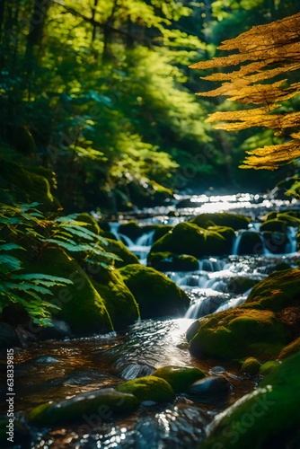 Green forest trees with a creek running through the middle. 