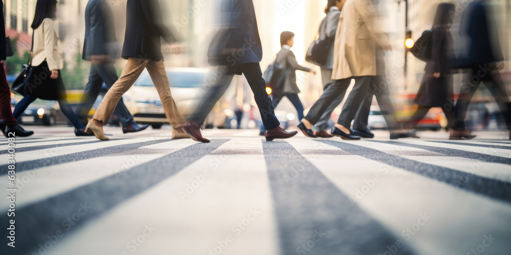 Motion blurred people legs crossing the pedestrian in New York city