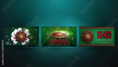 Set of green casino posters with casino roulette on green table. Backgrounds for your arts