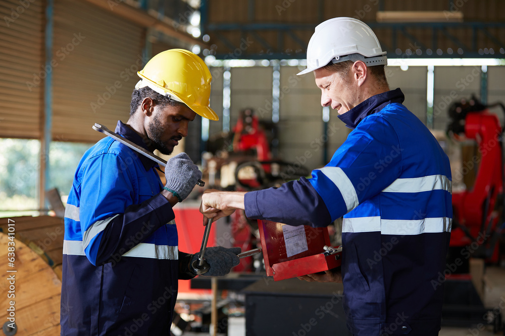 factory workers or engineers giving wrench and tools from box in robot factory factory workers or engineers giving wrench and tools from box in robot factory