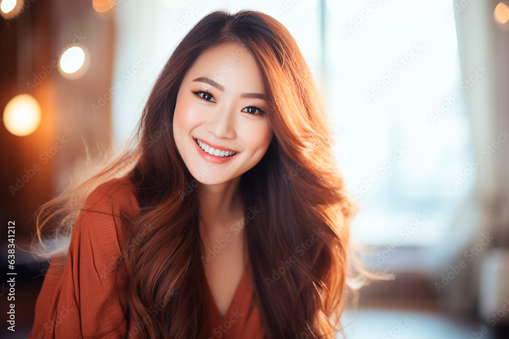 beautiful asianwoman with long hair smiling on bright background, smiling portrait. asian, chinese, japan. pretty. illustration created with AI