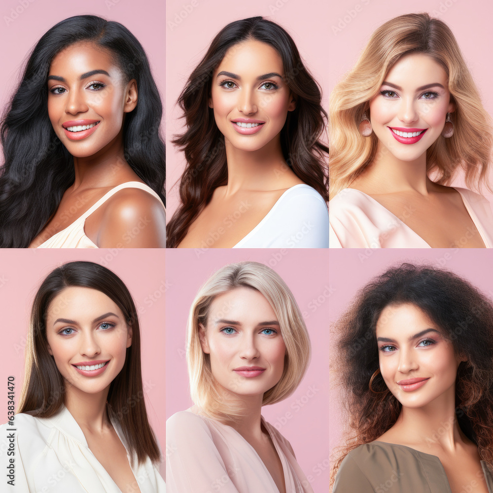 Photo collage portrait of a diverse group of beautiful women with perfect, natural, glowing skin. Multi-ethnic group as a concept of women united with diversity of origins and beliefs. Photo collage portrait of a diverse group of beautiful women with perfect, natural, glowing skin. Multi-ethnic group as a concept of women united with diversity of origins and beliefs.