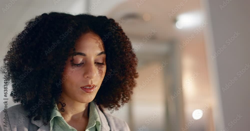 Night, office and thinking by woman on computer for research, brainstorming and web solution. Working, late and female designer with idea, planning or online, search or proposal for problem solving