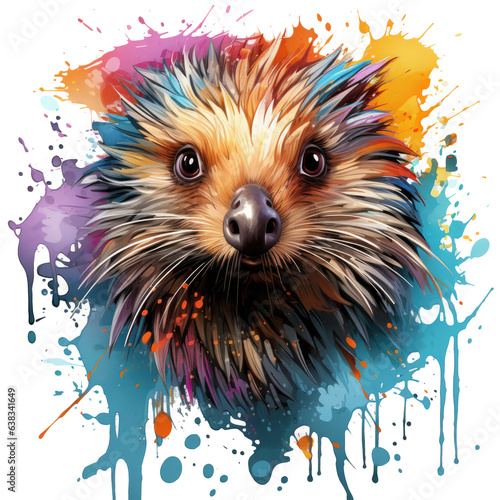 A dynamic composition featuring a Watercolor Porcupine T-shirt Design, the porcupine is depicted in mid-leap, Generative Ai
