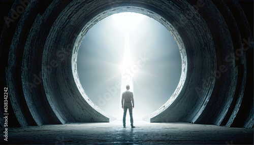 back photo of man standing in front of a portal arch curved in concrete stone with bright shining light to haeven, generative AI