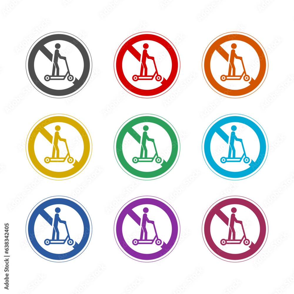 Kick Scooter Ban Silhouette icon isolated on white background. Set icons colorful