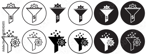 Funnel icon. Sales lead generation symbol. Vector set of conversion rate optimization strategy. Flat outline of money finance process to filter out potential customer