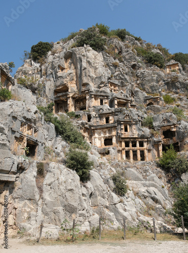 Lycian rock cut tombs. Myra carved stone tombs. Ruins of Myra Ancient Site in Demre, Antalya, Türkiye.
