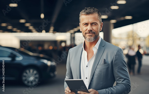 Mature businessman using digital tablet. Car salesperson working at the dealership using a tablet