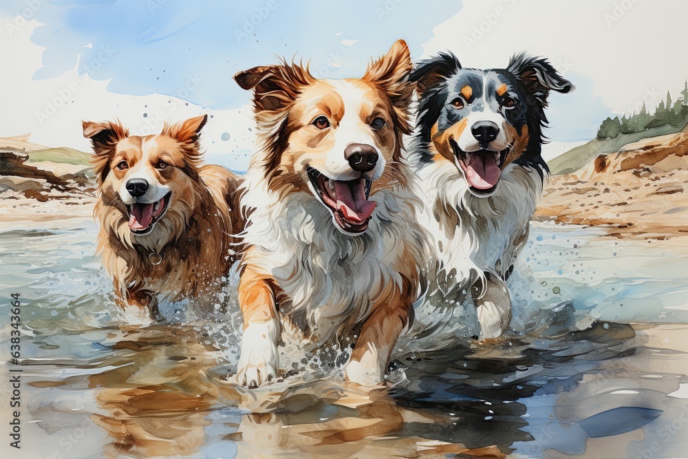 Beautiful and colorful watercolors of dog puppies.
