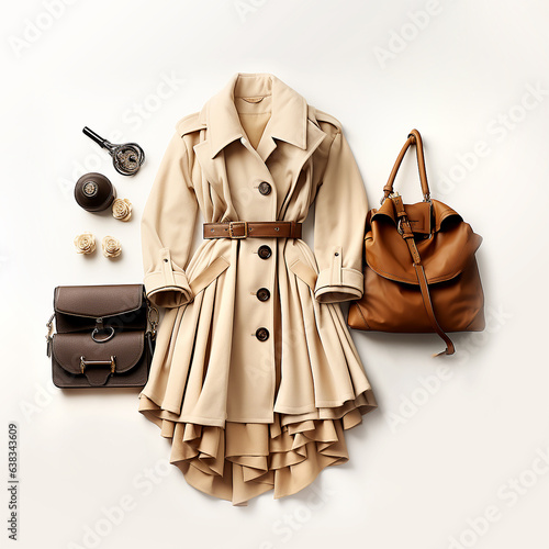 Female clothes flat lay setting with beige trench coat and handbags at white background, top view. 