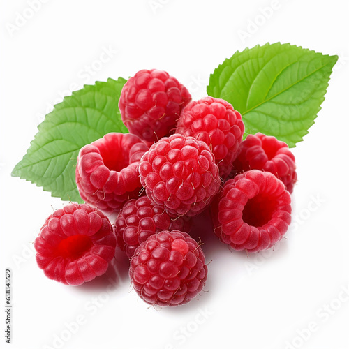 Raspberries with leaves on a white background