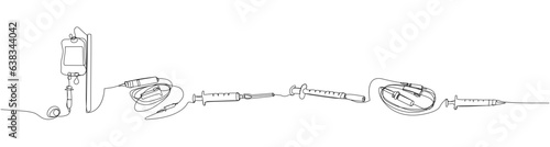 Syringe set. Injection, Saline Bottle, catheter, medical supplies, equipment one line art. Continuous line drawing of medication, needle, healthcare, clinical, disposable, tool, narcotic, pandemic