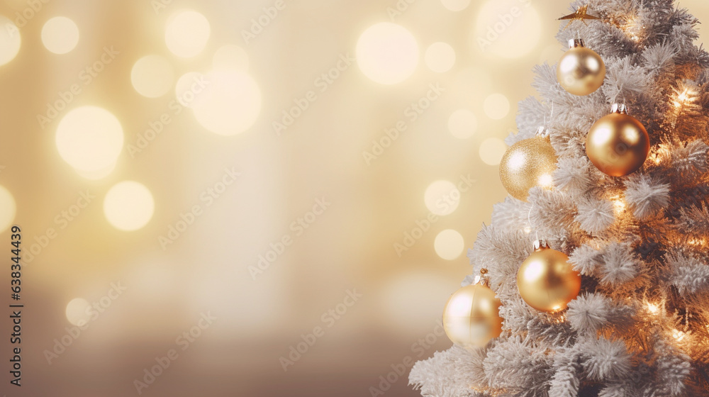 Christmas Tree Adorned with Shimmering Silver and Gold Ornaments , Christmas, aesthetics, bokeh, wide banner with copy space area Christmas Tree Adorned with Shimmering Silver and Gold Ornaments , Christmas, aesthetics, bokeh, wide banner with copy space area