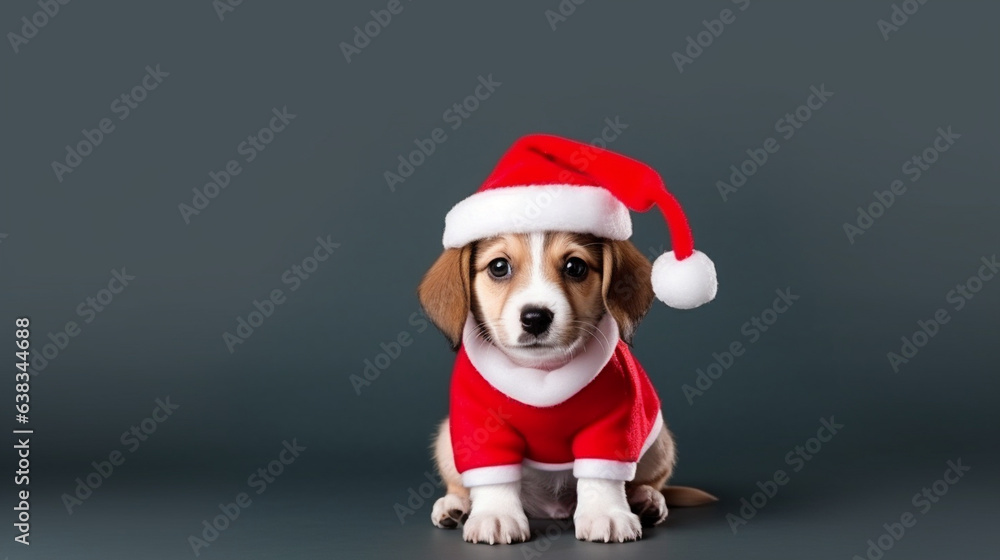 Puppy Wearing a Santa Claus Outfit and Spreading Holiday Joy , Christmas, wide banner with copy space area Puppy Wearing a Santa Claus Outfit and Spreading Holiday Joy , Christmas, wide banner with copy space area