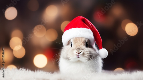 Pet Rabbit Sporting a Cute Santa Outfit with a Beard and Hat , Christmas, bokeh, wide banner with copy space area  