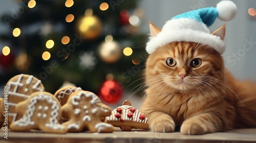 Purrfect Cat in a Gingerbread Man Costume with a Sweet Expression , Christmas, bokeh, wide banner with copy space area 