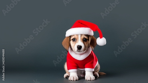 Puppy Wearing a Santa Claus Outfit and Spreading Holiday Joy , Christmas, wide banner with copy space area   © Катерина Євтехова