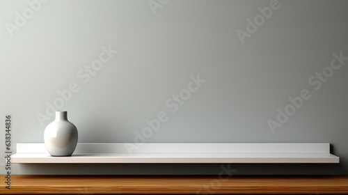 This is a universal minimalistic background that can be used for product presentations. White empty shelf on a light gray wall. © ND STOCK