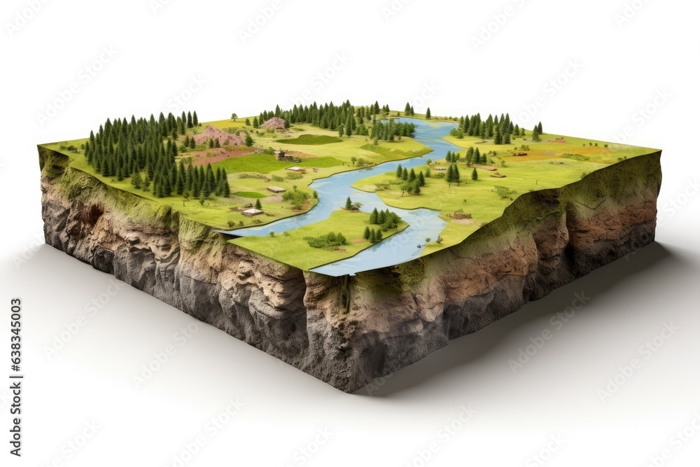 3D model cross section of land and river See the soil layers, rock ...