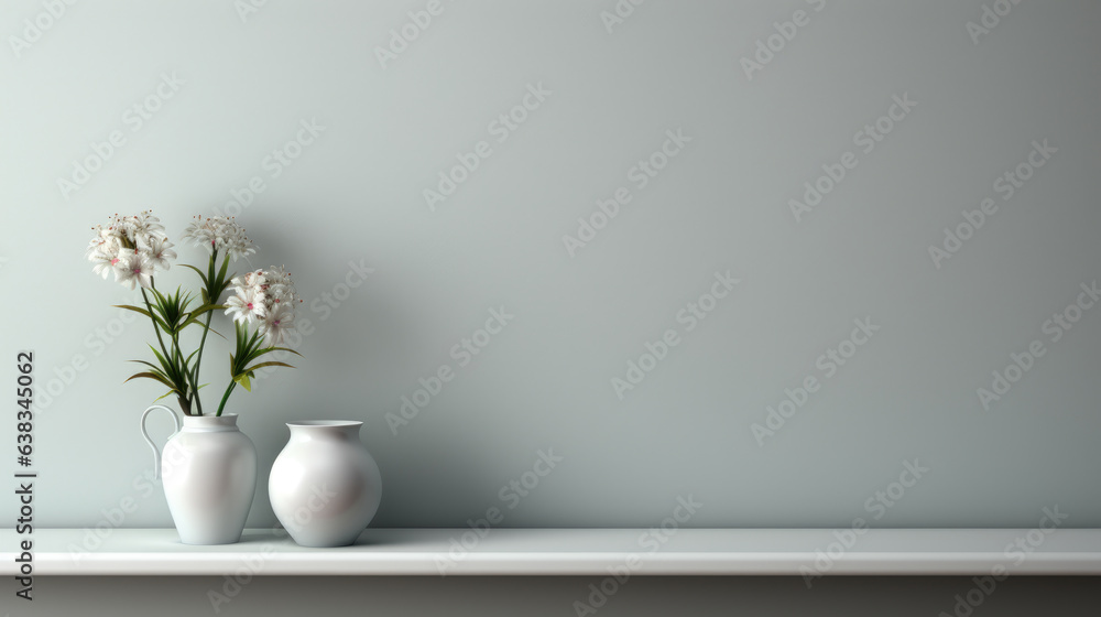 This is a universal minimalistic background that can be used for product presentations. White empty shelf on a light gray wall. This is a universal minimalistic background that can be used for product presentations. White empty shelf on a light gray wall.