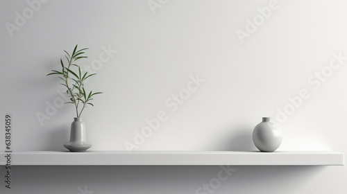 This is a universal minimalistic background that can be used for product presentations. White empty shelf on a light gray wall.