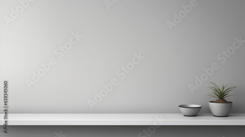 This is a universal minimalistic background that can be used for product presentations. White empty shelf on a light gray wall.