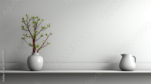 This is a universal minimalistic background that can be used for product presentations. White empty shelf on a light gray wall.