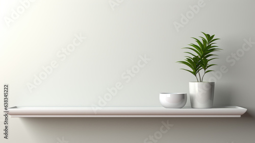 This is a universal minimalistic background that can be used for product presentations. White empty shelf on a light gray wall.