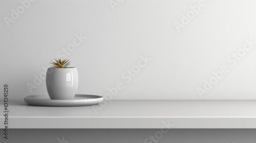 This is a universal minimalistic background that can be used for product presentations. White empty shelf on a light gray wall.